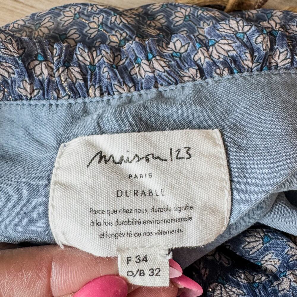 Maison 123 Paris, Blue/Grey Printed Macha Day Dress-Light Puff Sleeve-Size XS/34 - Picture 5 of 9